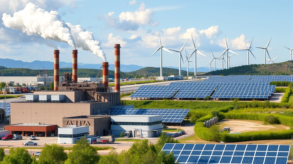 Industrial manufacturing facility with visible emissions transitioning toward renewable energy infrastructure with solar panels and wind turbines in background, showing environmental transformation in progress