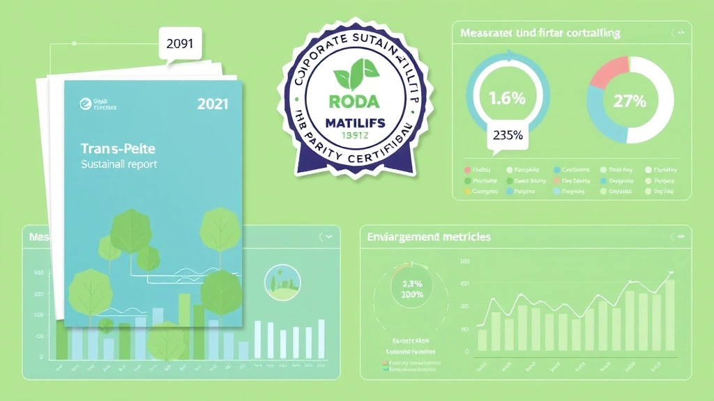 Corporate sustainability report documents and third-party certification badges displayed alongside transparent data dashboards showing measurable environmental metrics and accountability mechanisms