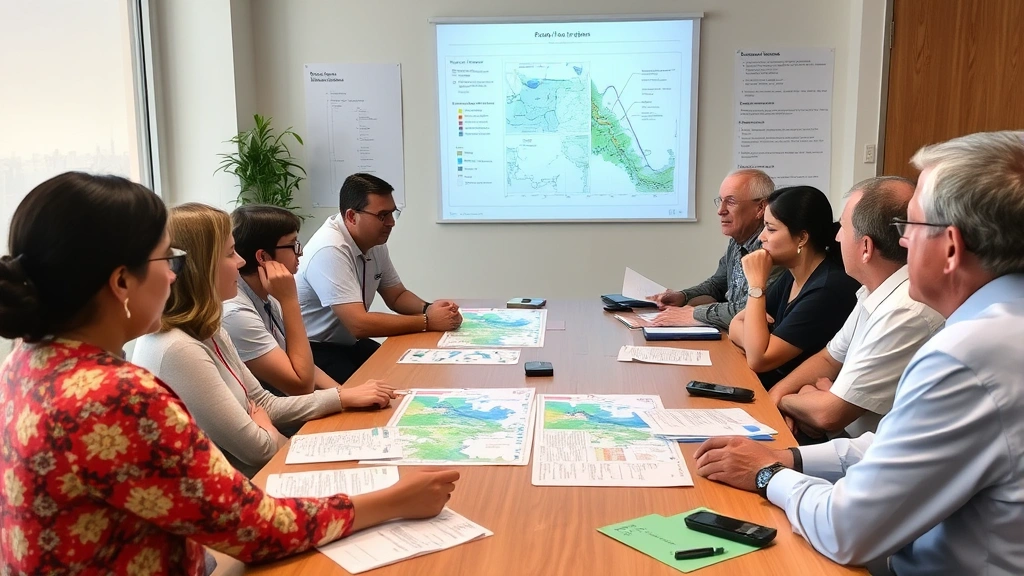 Diverse stakeholders including scientists, community members, and regulators engaged in environmental impact assessment review meeting with transparent data visualization and collaborative discussion