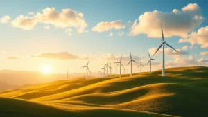 Photorealistic image of a sprawling wind farm on rolling green hills during golden hour, with white turbines generating clean energy, blue sky with white clouds, natural landscape demonstrating renewable energy infrastructure integration with nature