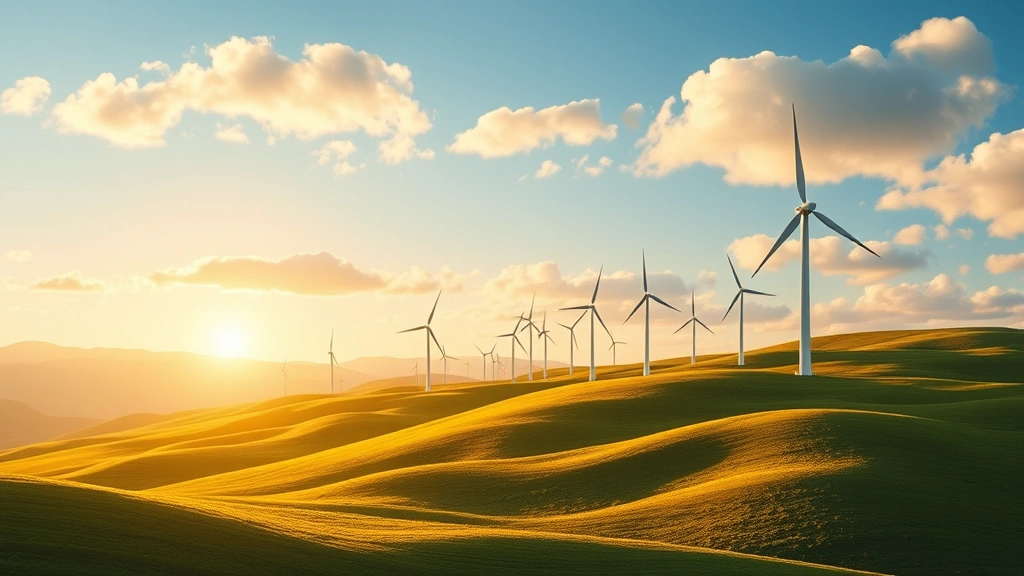 Photorealistic image of a sprawling wind farm on rolling green hills during golden hour, with white turbines generating clean energy, blue sky with white clouds, natural landscape demonstrating renewable energy infrastructure integration with nature