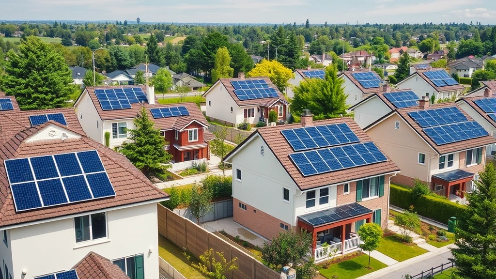 Photorealistic photograph of a modern solar panel installation on residential rooftops in a suburban neighborhood, showing multiple homes with solar arrays, green landscaping, and trees in background, demonstrating distributed renewable energy adoption