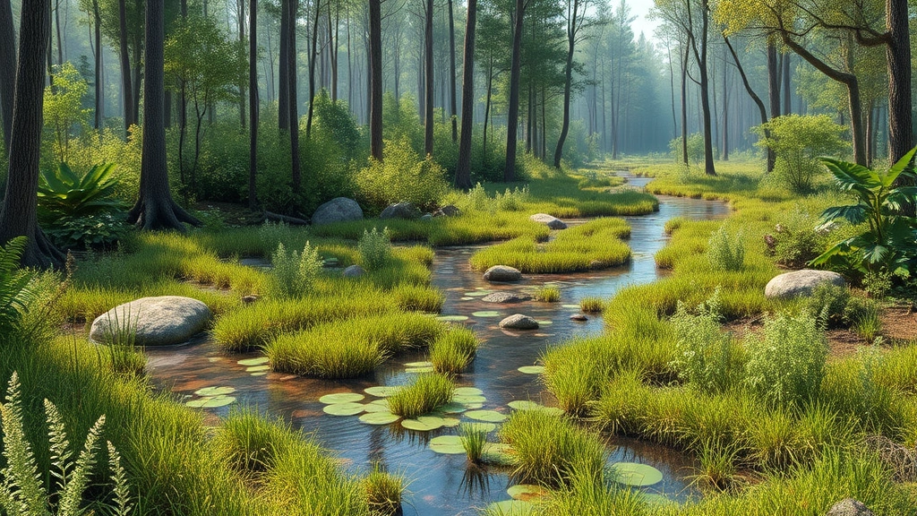Photorealistic image of a thriving forest wetland ecosystem with diverse vegetation, flowing water, wildlife habitats, and natural biodiversity, representing ecosystem services and natural capital value in green economic systems