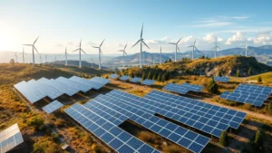 Global renewable energy infrastructure with solar panels and wind turbines across diverse landscapes, photorealistic, no text, showing interconnected clean energy systems in natural settings