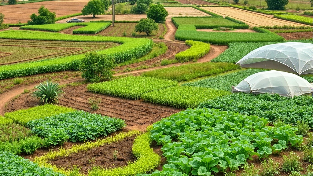 Thriving agricultural landscape with sustainable farming practices, healthy soil, diverse crops, and ecosystem integration, photorealistic outdoor scene with no text elements