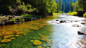 Crystal clear river flowing through lush riparian forest with native vegetation, sunlight reflecting off water surface, depicting healthy aquatic ecosystem and water abundance in natural landscape