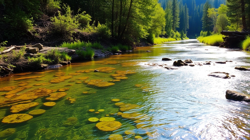 Crystal clear river flowing through lush riparian forest with native vegetation, sunlight reflecting off water surface, depicting healthy aquatic ecosystem and water abundance in natural landscape