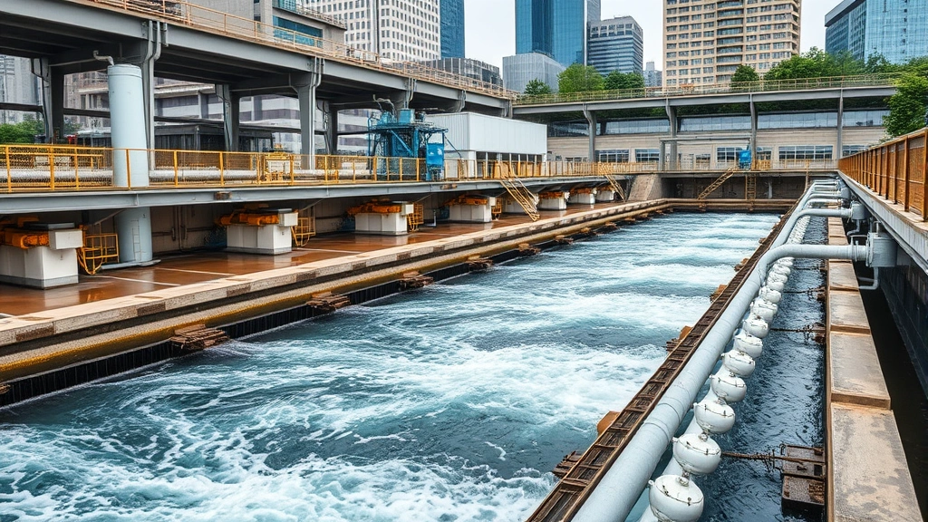 Urban water treatment facility with modern infrastructure, operational equipment, and flowing water systems, representing technological solutions for water management and conservation in city environment