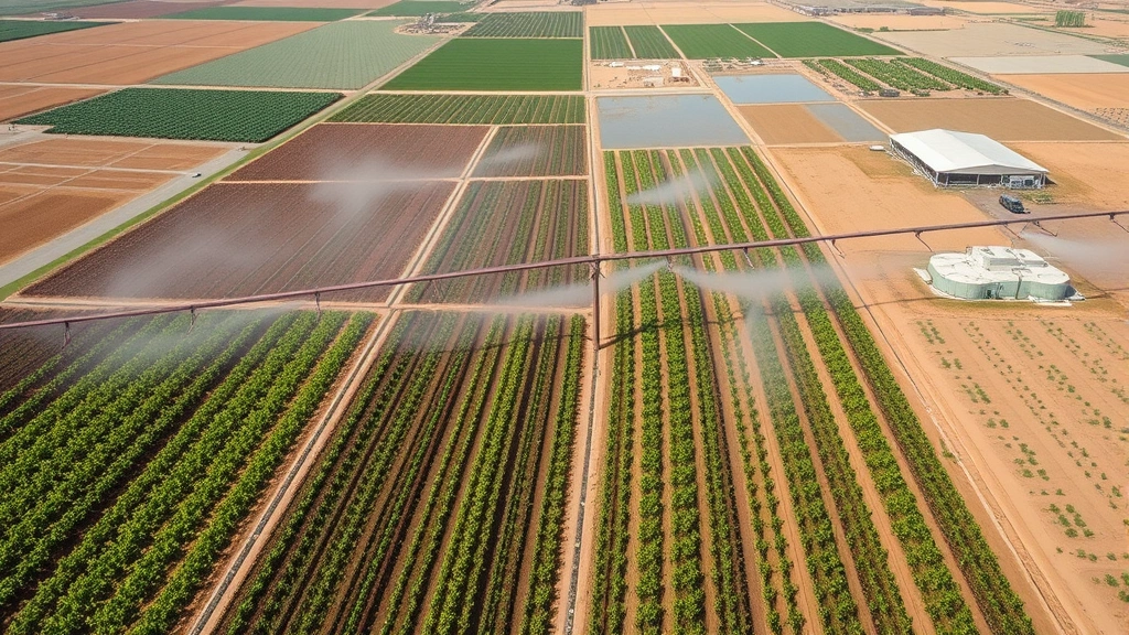 Aerial view of agricultural irrigation system with planted fields receiving water, showing crop diversity and sustainable farming practices integrated with water resource management in semi-arid region