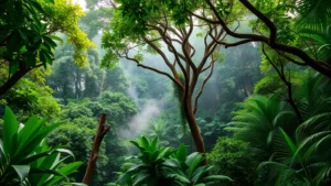 Lush tropical rainforest canopy with diverse tree species, mist rising from forest floor, sunlight filtering through leaves, vibrant green vegetation indicating healthy biodiversity and ecosystem productivity