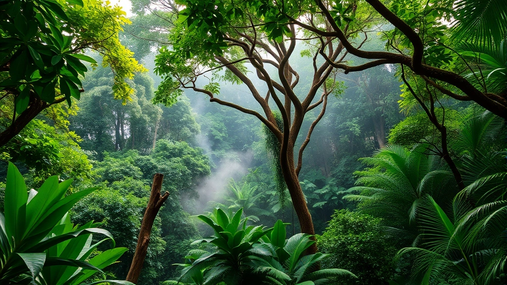 Lush tropical rainforest canopy with diverse tree species, mist rising from forest floor, sunlight filtering through leaves, vibrant green vegetation indicating healthy biodiversity and ecosystem productivity