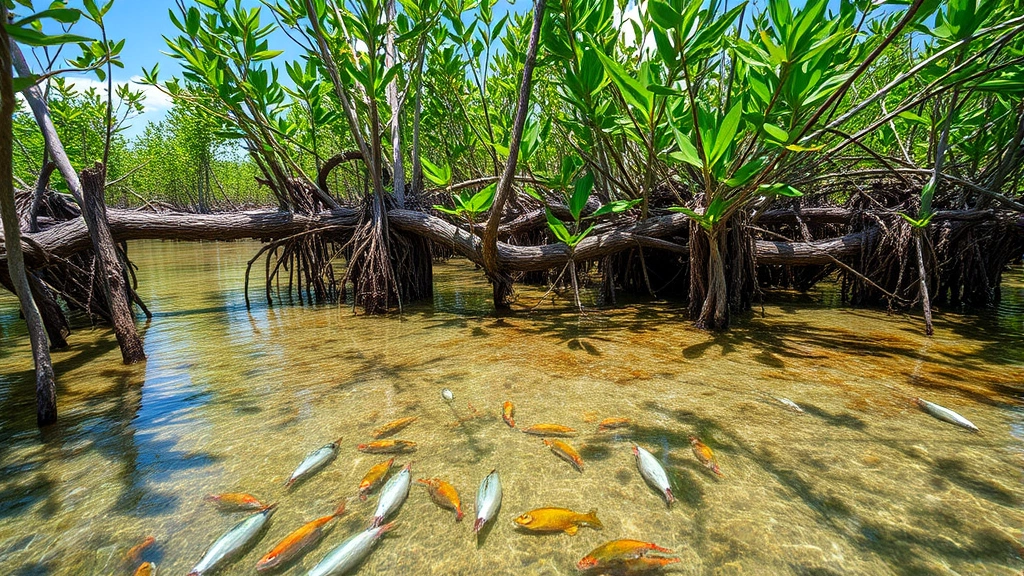 Coastal mangrove forest with aerial root systems in shallow water, fish and crustaceans visible in clear water, storm protection infrastructure, biodiversity hotspot demonstrating ecosystem economic value
