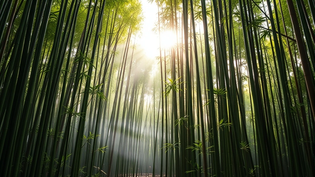 Lush bamboo forest with dense green stalks reaching toward sunlight, mist rising from forest floor, natural regeneration showing new shoots growing alongside mature plants, photorealistic landscape photography