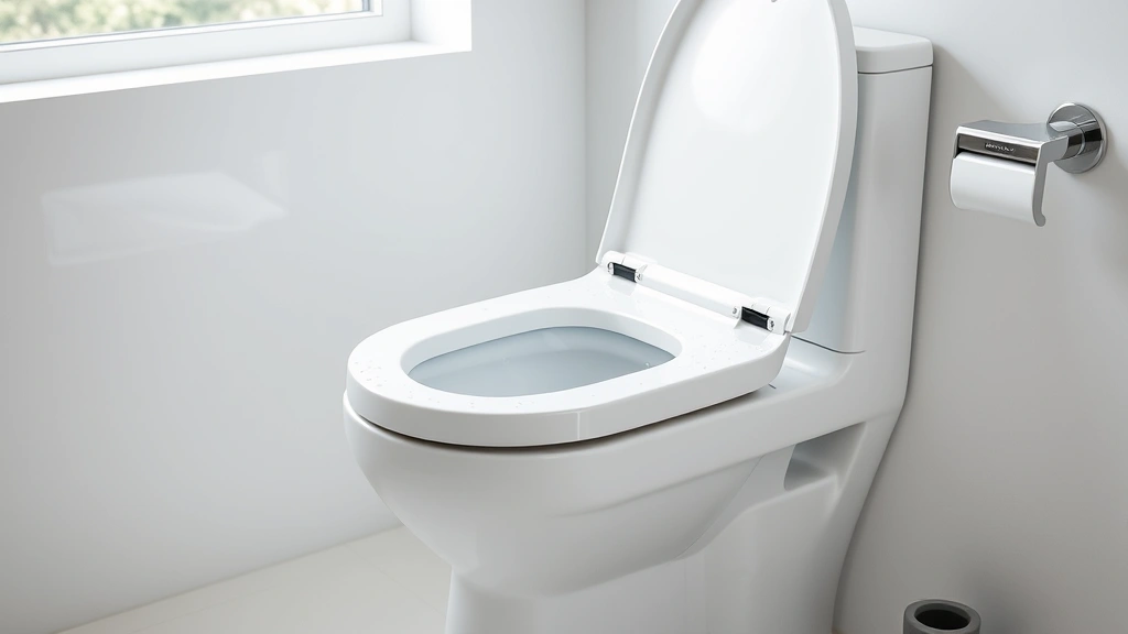 Modern white bidet toilet seat installed on ceramic toilet in bright bathroom with natural window light, sleek contemporary design, water droplets on stainless steel components, clean minimalist aesthetic