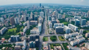 Aerial view of Bangalore's dense urban sprawl with skyscrapers and traffic congestion, showing the contrast between developed areas and remaining green spaces, photorealistic daytime cityscape