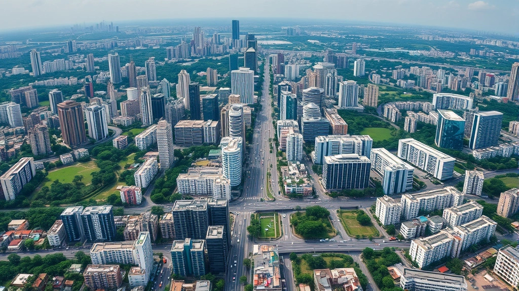 Aerial view of Bangalore's dense urban sprawl with skyscrapers and traffic congestion, showing the contrast between developed areas and remaining green spaces, photorealistic daytime cityscape