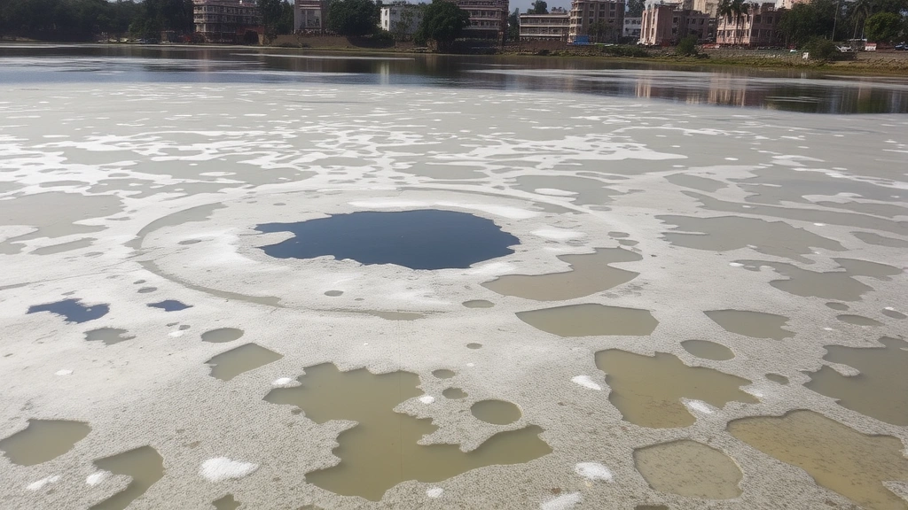 Polluted lake in Bangalore with industrial effluent discoloration and foam on surface, surrounding urban development visible, reflecting environmental degradation from rapid urbanization