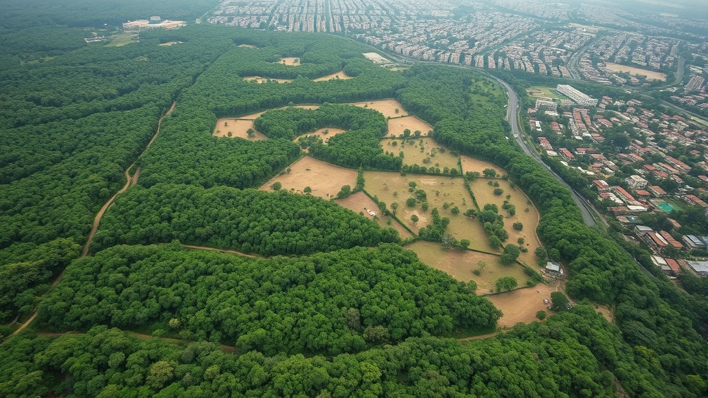 Fragmented forest patch in Bannerghatta National Park with urban development encroaching at boundaries, showing habitat loss and wildlife corridor fragmentation, natural landscape perspective