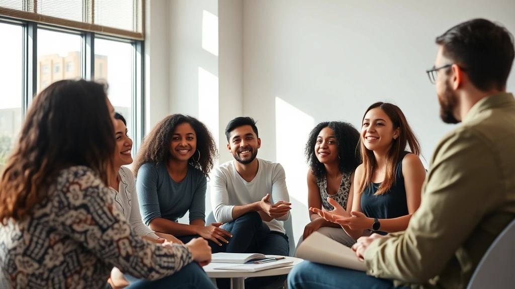 Diverse team in collaborative meeting space with natural light, engaged in discussion, showing psychological safety and healthy workplace culture with genuine interaction and positivity
