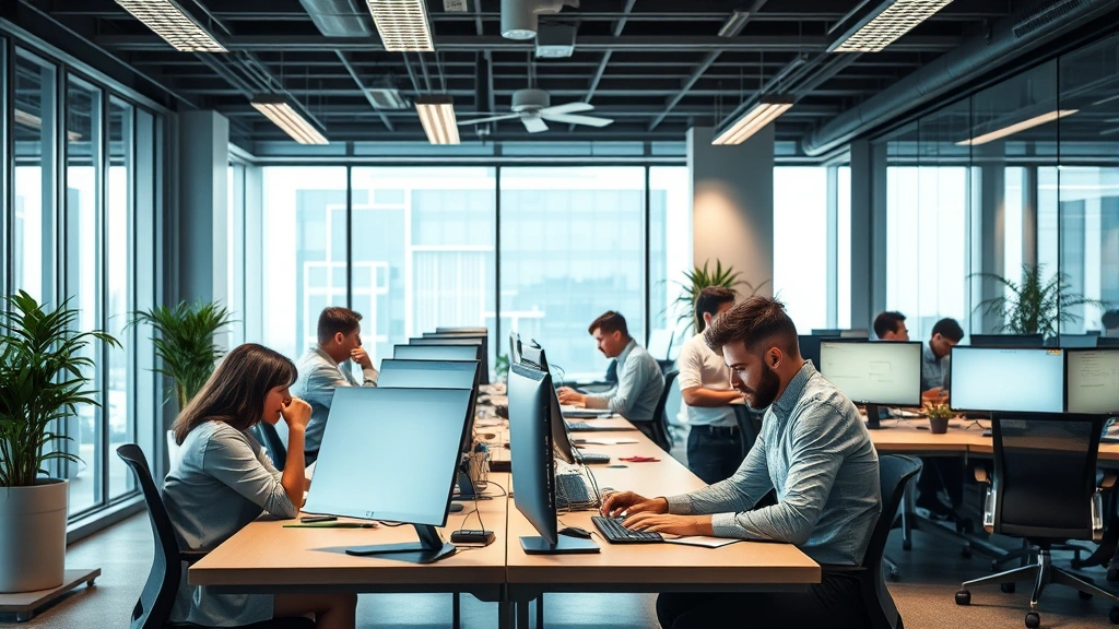 Corporate office space with employees working independently, some showing signs of disengagement, representing toxic versus healthy workplace dynamics in modern business environment