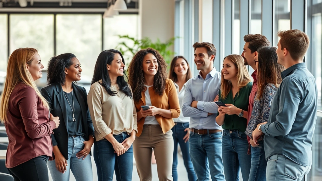 Diverse group of employees in casual conversation around modern office space, genuine smiles, collaborative atmosphere, bright natural lighting, standing near glass windows, relaxed body language, no signage or text