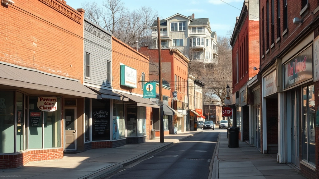 Small town main street with mixed empty and occupied storefronts, some closed businesses, community setting, afternoon light, realistic urban decay elements, no visible text or signs with words, residential buildings in background