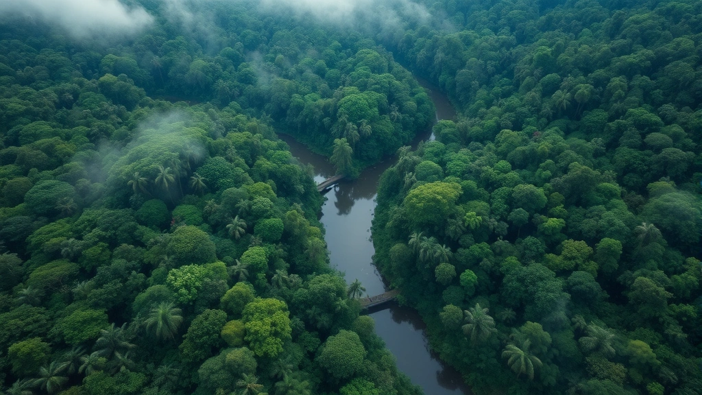 Aerial view of pristine tropical rainforest canopy with river winding through dense green vegetation, morning mist rising, photorealistic, no text