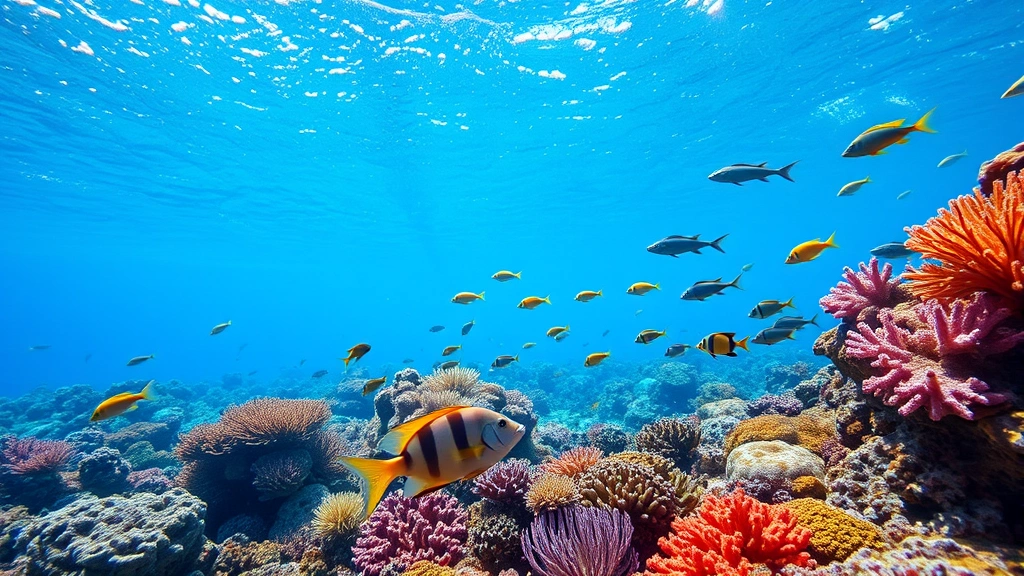 Underwater coral reef ecosystem with vibrant coral formations and diverse fish species, crystal clear water, natural sunlight filtering down, photorealistic, no text