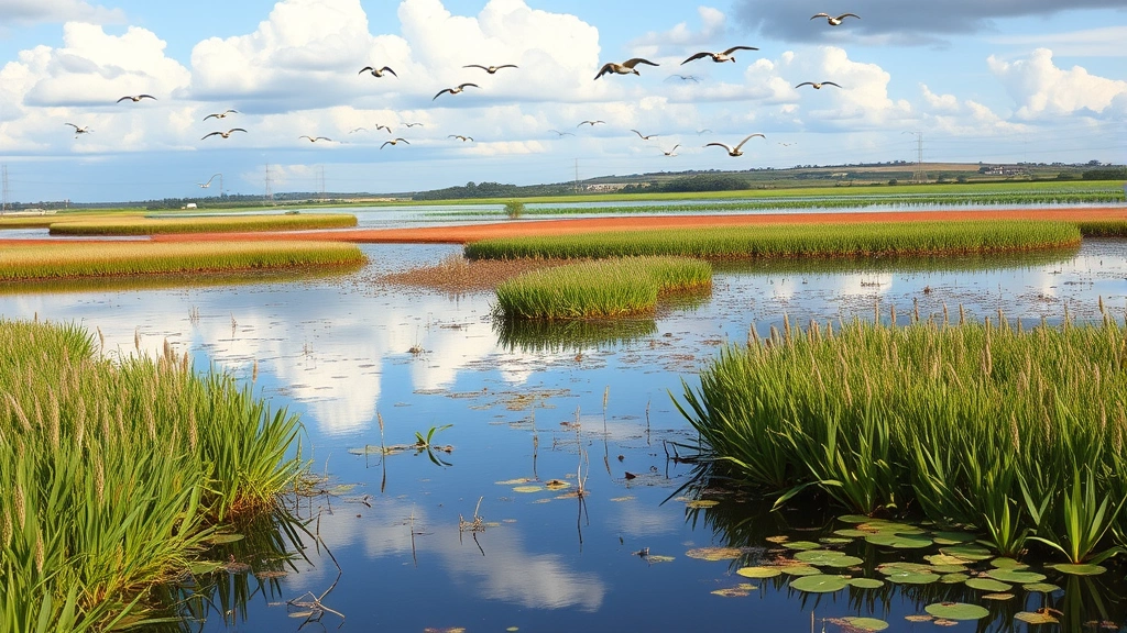 Restored wetland landscape with water reflecting sky, native plants growing, birds in flight, agricultural fields visible in background, showing ecosystem-economy integration, photorealistic, no text