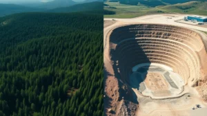 Aerial view of contrasting landscape: lush green forest on left side transitioning to cleared, barren industrial mining pit on right side, showing stark environmental transformation from economic extraction activities, photorealistic, natural lighting, no text overlay