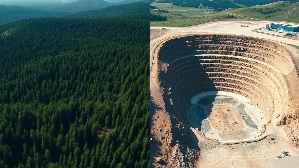 Aerial view of contrasting landscape: lush green forest on left side transitioning to cleared, barren industrial mining pit on right side, showing stark environmental transformation from economic extraction activities, photorealistic, natural lighting, no text overlay