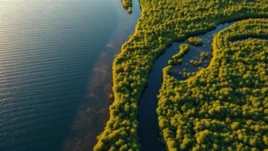 Aerial view of mangrove ecotone where dense mangrove forest transitions to open water, showing the sharp boundary between vegetation and sea, golden hour sunlight reflecting off channels, vibrant green foliage contrasting with blue water, no visible text or labels