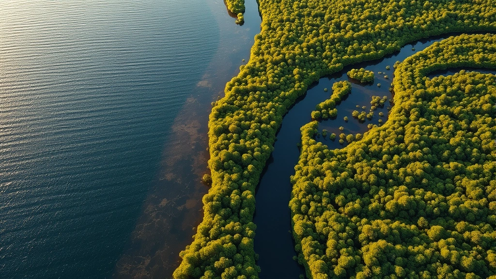 Aerial view of mangrove ecotone where dense mangrove forest transitions to open water, showing the sharp boundary between vegetation and sea, golden hour sunlight reflecting off channels, vibrant green foliage contrasting with blue water, no visible text or labels