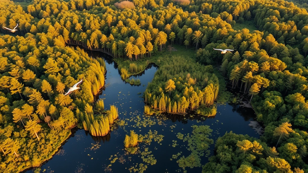 Aerial view of a lush wetland transition zone where forest meets water, with birds flying overhead and vegetation reflecting in still water, golden hour lighting