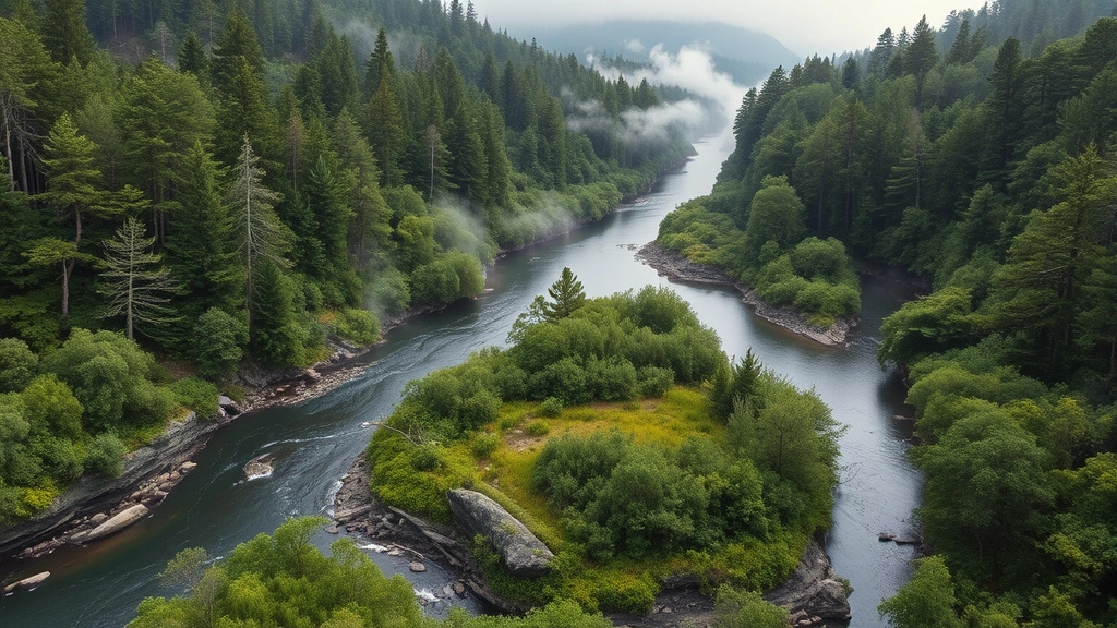 Riparian corridor showing transition between upland deciduous forest and flowing river with oxbow curves, diverse vegetation layers from canopy to understory, morning mist rising from water, rich biodiversity evident in varied plant communities, photorealistic forest-water interface