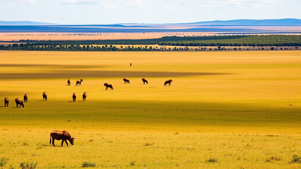 Panoramic landscape showing a savanna grassland gradually transitioning into acacia woodland forest, with wildlife grazing in the foreground and distant tree line