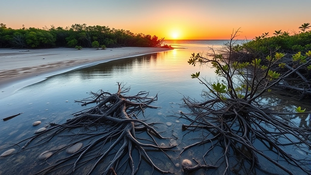 Coastal mangrove forest meeting sandy beach and ocean, intricate root systems visible in shallow water, sunset reflecting on water surface with natural wildlife habitat