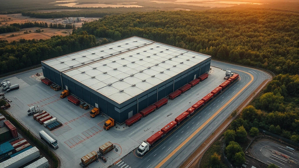 Aerial view of massive warehouse distribution center with surrounding deforested landscape, trucks loading cargo at dawn, forest habitat visible in distance showing fragmentation patterns and environmental impact
