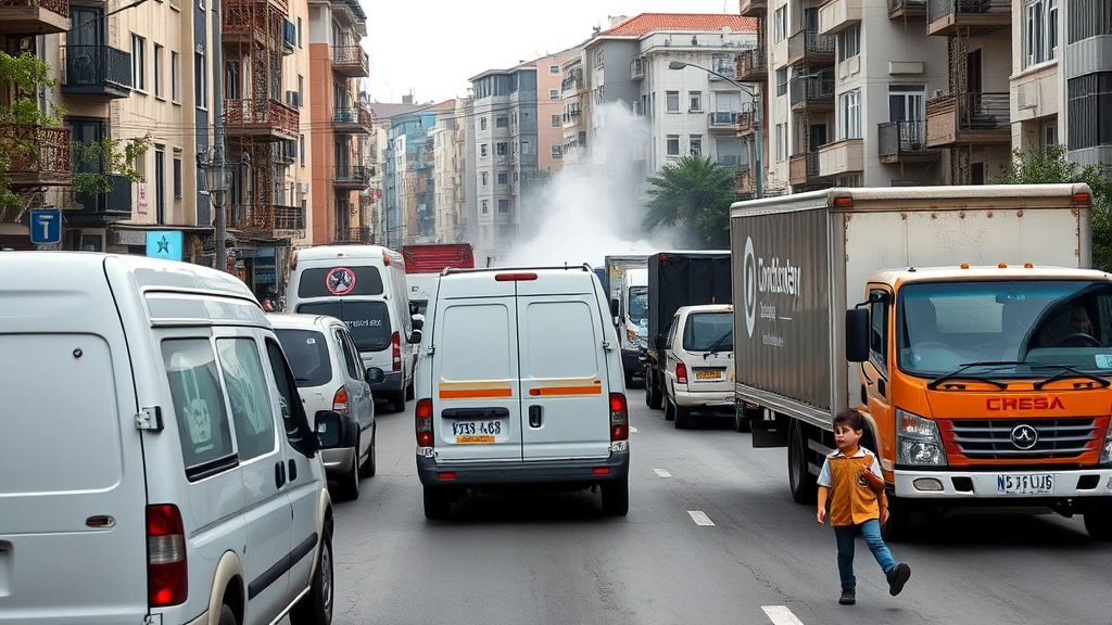Busy urban street with multiple delivery vans and trucks creating congestion, diesel exhaust visible, residential buildings adjacent to commercial traffic, children walking to school amid air pollution