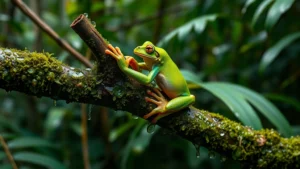 Vibrant green tree frog clinging to wet moss-covered branch in tropical rainforest, water droplets glistening on skin, dense forest canopy background, natural lighting showing fine detail of amphibian adaptations