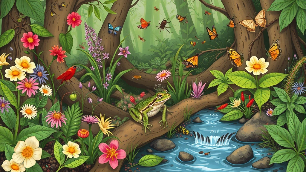 Diverse ecosystem scene showing tree frog in natural forest habitat among flowering plants, insects, and water features, demonstrating interconnected relationships between species in layered forest environment