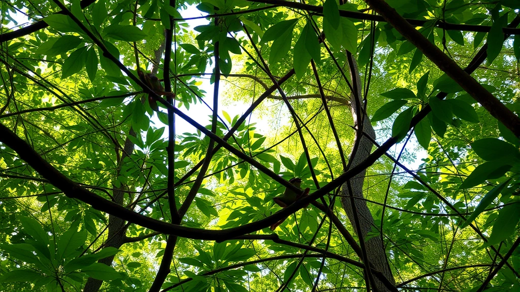 Forest canopy detail with multiple tree frog species among leaves and branches, showing habitat complexity and ecological niches, dappled sunlight filtering through dense vegetation, emphasizing arboreal biodiversity