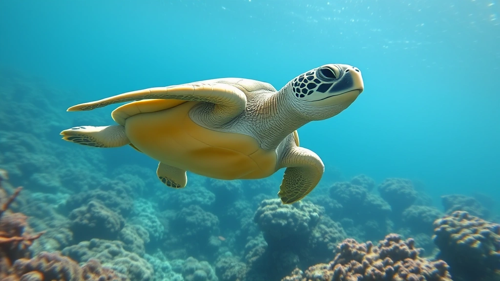 Green sea turtle swimming through pristine coral reef ecosystem with healthy marine biodiversity visible in background, photorealistic underwater photography with natural lighting