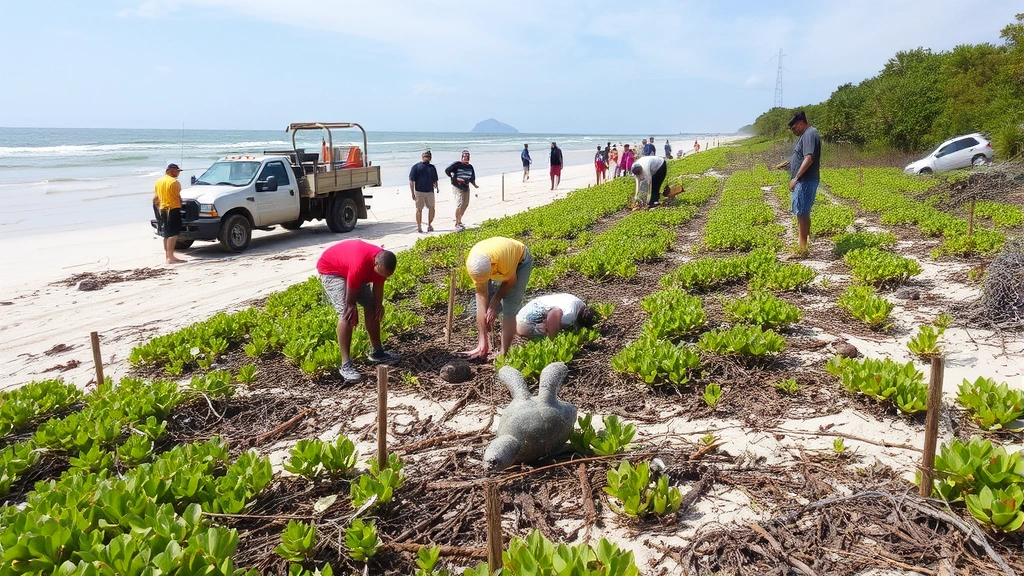 Coastal community members working on turtle nesting beach habitat restoration project, with equipment and restored vegetation visible, local workers engaged in conservation activities