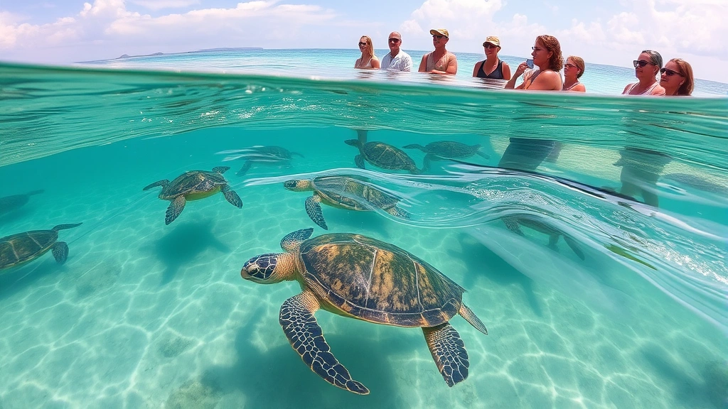 Diverse group of ecotourists observing sea turtles from safe distance in natural habitat, showing sustainable wildlife tourism in action with healthy turtle population visible
