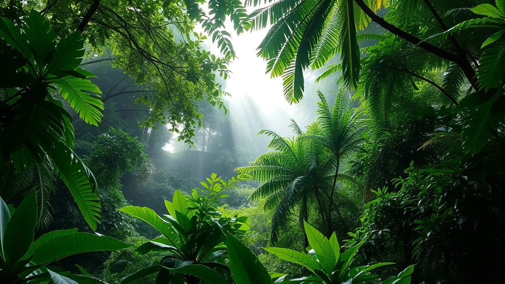 Lush tropical rainforest canopy with morning mist rising from dense vegetation, sunlight filtering through layers of leaves, vibrant green ecosystem in natural state, no text or labels