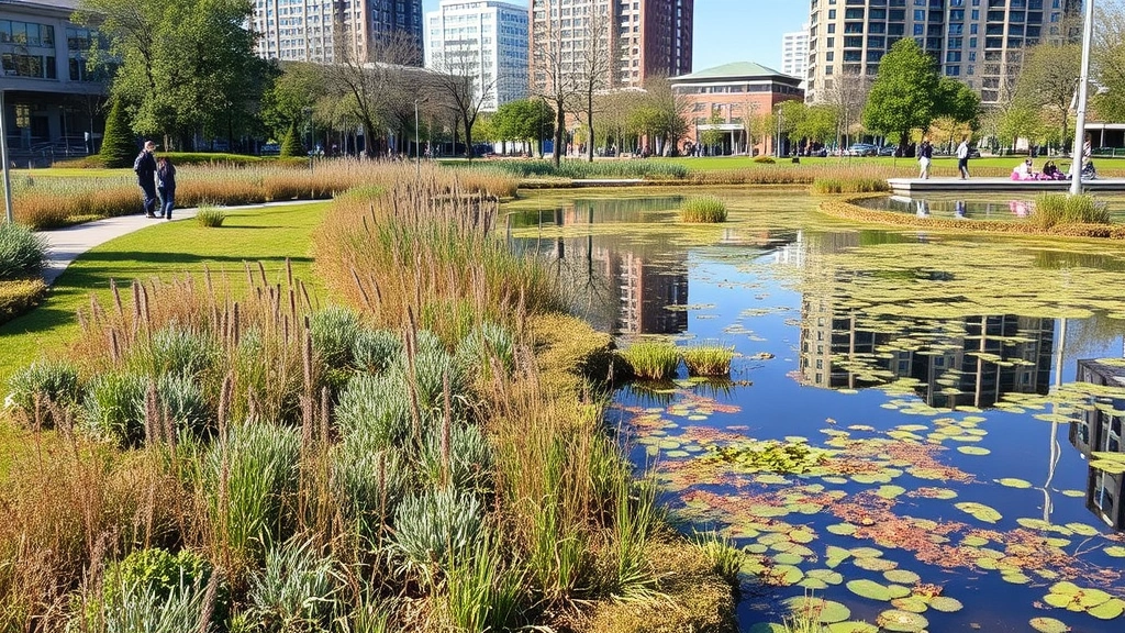 Urban park with restored wetland habitat, native plants along water's edge, people enjoying green space, integration of nature within city environment, no signage or text visible