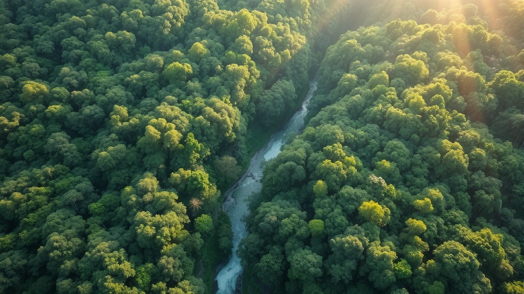 Aerial view of pristine rainforest canopy with river flowing through, sunlight filtering through dense green vegetation, no visible human infrastructure, photorealistic landscape photography