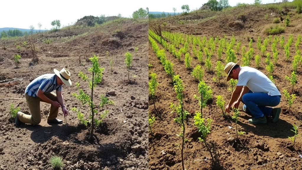 Restoration team planting native trees in degraded landscape, workers with saplings in soil, before-and-after concept showing ecological recovery potential, natural daylight, hopeful environmental remediation scene