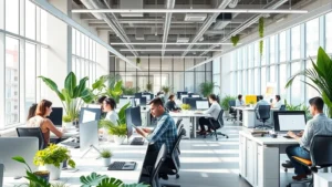 Photorealistic modern hybrid workspace with employees working at desks in a bright office with natural light, green plants, and mixed collaborative zones, no text or charts visible
